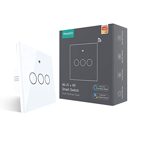 MoesGo wifi Interruptor inteligente de pared con control RF 433, No Se Requiere Cable Neutro, interruptore de 1 vía compatible con las Smart Life y Tuya, Alexa y Google Home Blanco 3 Gang