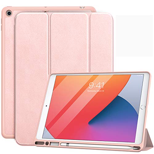 MoKo Funda con Stylus Pencil Soporte para Nuevo iPad 10.2" 2020/2019, Función de Soporte Protectora Plegable (Auto Sueño/Estela) para iPad 8th Generación 2020 / iPad 7th Gen 2019 - Oro Rosa