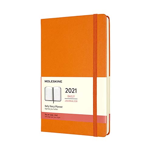 Moleskine - Agenda Diaria 2021 de 12 Meses con Tapa Dura y Cierre Elástico, Tamaño Grande de 13 x 21 cm, Color Naranja Cadmio,, 400 Páginas