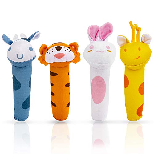 MOOKLIN ROAM 4 Piezas Juguete de Sonajero Muñeca de Peluche, Peluches Suaves de Bebe Sentido Animales Felpa Juguete para 3 6 9 12 Meses Infantil (Jirafa, Tigre, Conejito, Ternero)