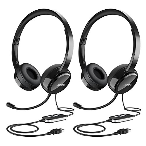 Mpow Auriculares 2 Unidades con Micrófono y Cable de 2,4 Metros, Auriculares USB con Sonido de Reducción de Ruido, Manos Libres, Orejeras de Memoria de Proteínas para Officina Xbox, VoIP, Skype