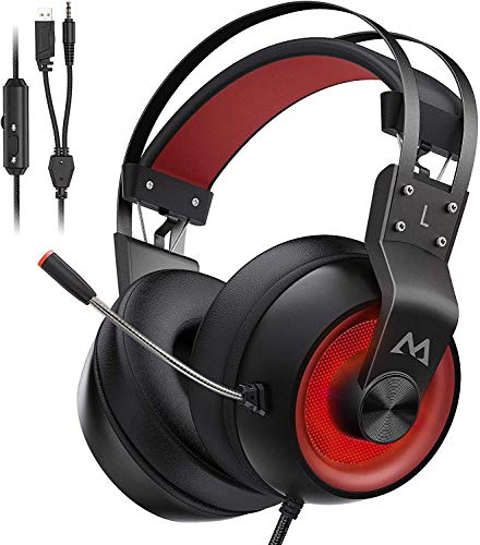 Mpow EG3 Pro Auriculares Gaming para PS4/PC/Xbox One/Switch/Mac, LED Auriculares para Juegos, Sonido Envolvente Virtual 7.1, 3.5mm USB Jack Cascos con micrófono cancelación de Ruido, Rojo
