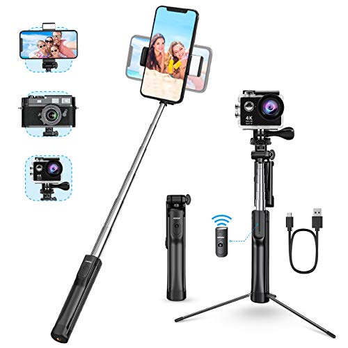 Mpow Palo Selfie Trípode Bluetooth, 3 en 1 Selfie Stick Móvil con Control Remoto, Selfie Stick Extensible para iPhone 11 Pro Max/11 Pro/XS Max/XR/8/8 Plus, Galaxy S20 Plus/S10, Huawei, Xiaomi
