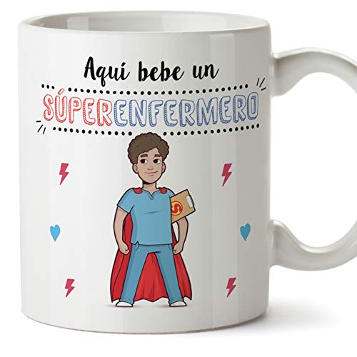 MUGFFINS Enfermero Tazas Originales de café y Desayuno para Regalar a Trabajadores Profesionales - AQUÍ Bebe UN SÚPER ENFERMERO - Cerámica 350 ml