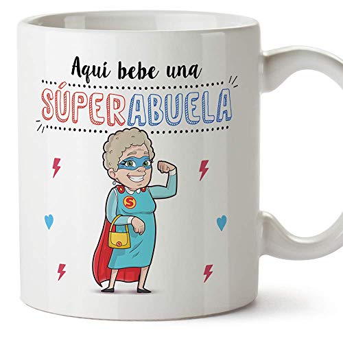 MUGFFINS Taza Abuela - Aquí Bebe una Super Abuela - La Mejor Taza Desayuno del Mundo - Taza Desayuno/Idea Regalo Original/Día de la Madre para Abuel
