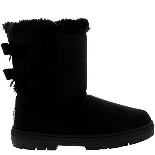 Mujer Twin Bow Tall Classic Fur Impermeable Invierno Rain Nieve Botas - Negro - 40