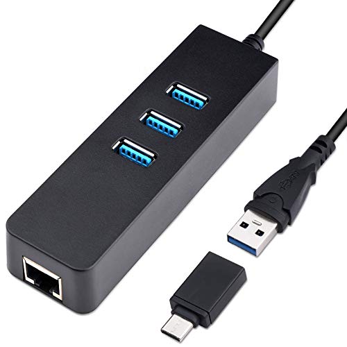 Muljexno Concentrador USB 3.0 con Adaptador Tipo C, Adaptador USB a Ethernet con 3 Puertos USB 3.0 y Puerto LAN RJ45 Gigabit, Adecuado para Windows 10, 8.1, 8, 7, Vista, XP, Linux, Mac OSX.