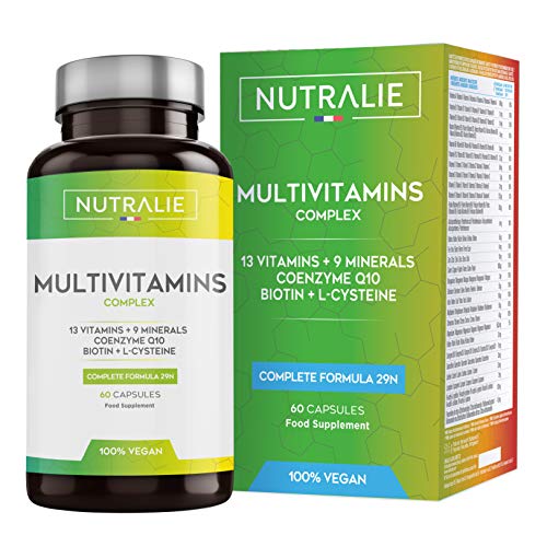 Multivitaminas y Minerales + Coenzima Q10 | Complejo Multivitaminico Vegano 29 Nutrientes con Vitaminas A, B, C, D, E, K, Biotina, L-cisteína, Coenzima Q10 y 9 Minerales | 60 Cápsulas Veganas Nutralie