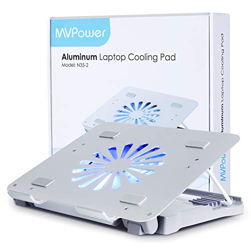 MVPower Base de Refrigeración para Portátil, Soporte Ajustable para Portátil de Aluminio con Ventilador, Radiador Refrigeracion Gaming 17 Pulgadas con 2 Puertos USB y Luz LED Azul (Plateado)