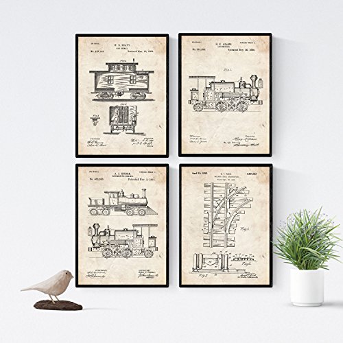 Nacnic Vintage - Pack de 4 láminas con Patentes del FERROCARRIL. Set de Posters con inventos y Patentes Antiguas. Elije el Color Que más te guste. Impreso en Papel de 250 Gramos de Alta Calidad
