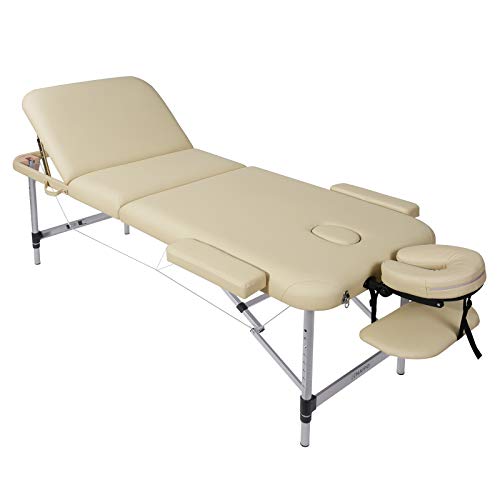 Naipo Camilla Masaje Plegable, Mesa Masaje Portatil, 3 Secciones, Altura Ajustable Patas de Aluminio, 5cm Espuma, Bolsa de Transporte, Beige (pesa 14.5 kg carga hasta 270kg)