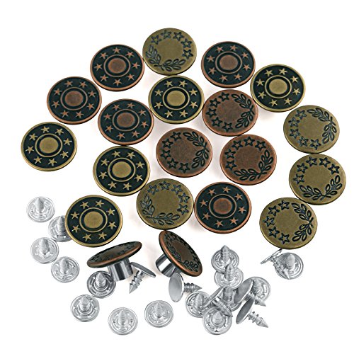 Naler Juego de botones para pantalones vaqueros, de metal, sin costuras, de repuesto, para vaqueros con cierre de remaches, 2 diseños, color bronce y cobre (20 unidades, diámetro de 17 mm) Naler Juego de botones para pantalones vaqueros, de metal, sin costuras, de repuesto, para vaqueros con cierre de remaches, 2 diseños, color bronce y cobre (20 unidades, diámetro de 17 mm)