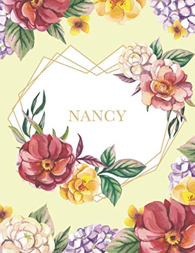 Nancy: Personalized Notebook with Name in a Heart Frame. Customized Journal with Floral Cover. Narrow Lined (College Ruled) Notepad for Women and Girls