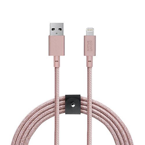 Native Union Belt XL Cable - 3 Metres Ultra-Robusto Reforzado [Certificado MFi] Cable de Carga Lightning a USB con Correa de Cuero (Rose)