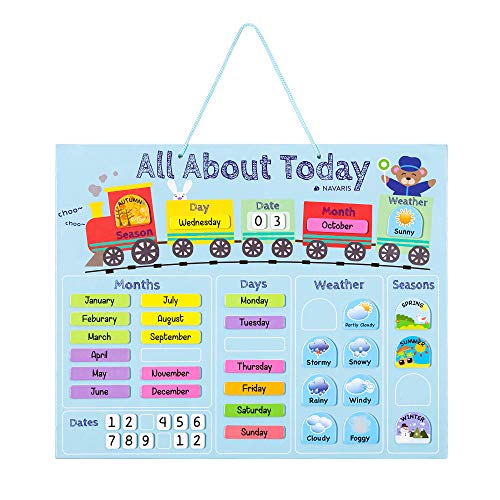Navaris Calendario de Aprendizaje para niños - Tablero Educativo Montessori en inglés - Pizarra para Aprender días Meses Estaciones con 43 imanes