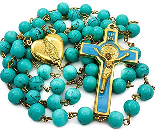 Nazareth Store - Collar de rosario católico de San Benito, turquesa, con medallón de corazón y cruz en bolsa de terciopelo