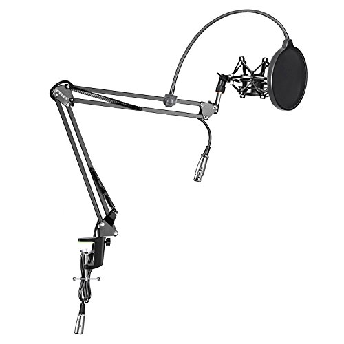 Neewer Pack de NW-35 Soporte de micrófono de brazo suspensión de tijera con montaje de cable de XLR macho a hembra, soporte de metal, montaje de mesa abrazadera y filtro Pop