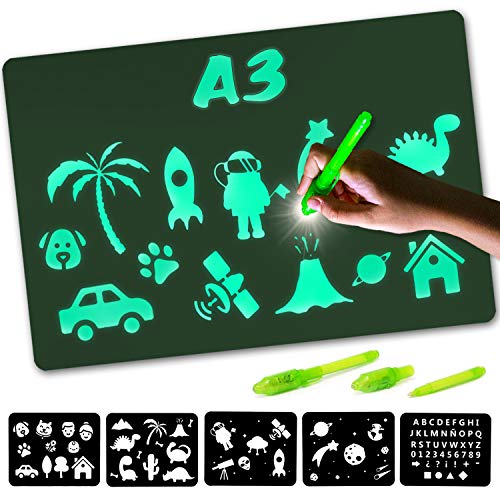 Nene Toys – Pizarra Mágica de Luz [Tamaño A3] – Novedoso Tablero Luminoso para Dibujar en la Oscuridad – Juguete Infantil para Niños Niñas de 3 a 12 años - Incluye 2 Bolígrafos Mágicos + 5 Plantillas