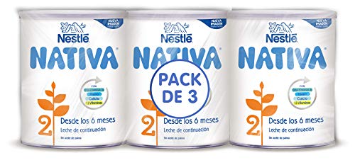 Nestlé NATIVA 2- Leche de continuación en polvo- Fórmula para bebés- A partir de los 6 meses - pack de 3 latas x800 gr - Total: 2400 gr