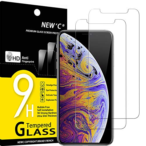 NEW'C 2 Unidades, Protector de Pantalla para iPhone 11 Pro MAX y iPhone XS MAX (6.5"), Antiarañazos, Antihuellas, Sin Burbujas, 9H, 0.33 mm, Ultra Transparente y Resistente