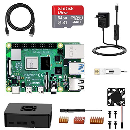 NinkBox Raspberry Pi 4 Modelo B, Tarjeta Micro SD de 4GB RAM+64GB, Versión Actualizada de Raspberry pi 3b+, con Micro HDMI, Fuente de Alimentación 5V/3A con Interruptor, Ventilador, Micro HDMI