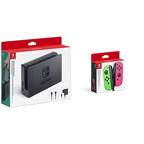 Nintendo - Dock Set Con Base Switch, Adaptador De Corriente Y Cable HDMI + Set De Dos Mandos Joy-Con, Color Verde Neón/Rosa Neón