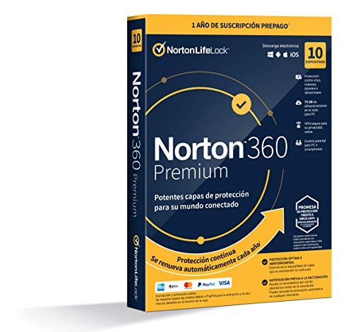 Norton 360 Premium 2021 - Antivirus software para 10 Dispositivos y 1 año de suscripción con renovación automática, Secure VPN y Gestor de contraseñas, para PC, Mac tableta y smartphone Norton 360 Premium 2021 - Antivirus software para 10 Dispositivos y 1 año de suscripción con renovación automática, Secure VPN y Gestor de contraseñas, para PC, Mac tableta y smartphone