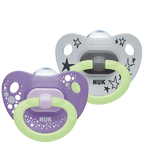 NUK Happy Nights Chupete | 18 – 36 meses | Chupete con efecto luminoso | Silicona sin BPA | morado y gris | 2 unidades NUK Happy Nights Chupete | 18 – 36 meses | Chupete con efecto luminoso | Silicona sin BPA | morado y gris | 2 unidades