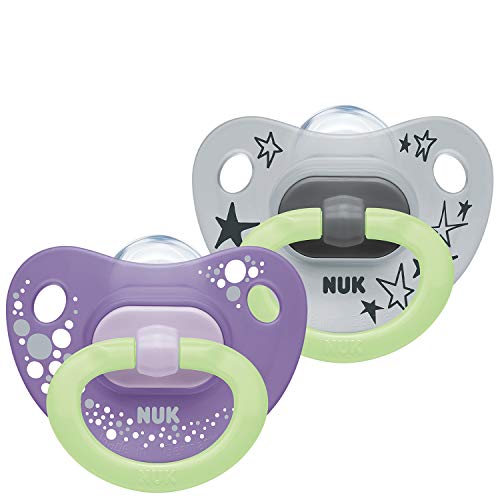 NUK Happy Nights Chupete | 18 – 36 meses | Chupete con efecto luminoso | Silicona sin BPA | morado y gris | 2 unidades