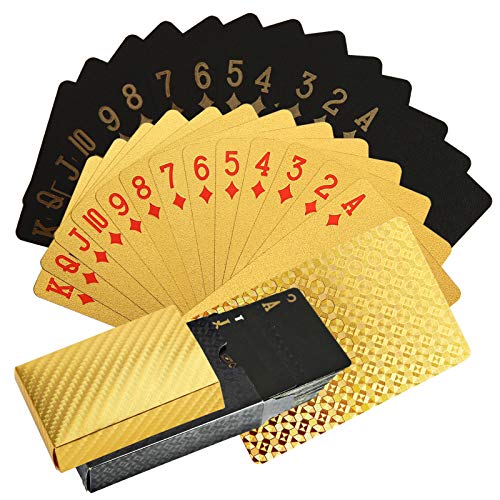 NXACETN Tarjetas de póquer impermeables, 2 barajas negras y doradas, resistentes al agua, plástico PET, juego de póquer, herramientas para juegos de cartas familiares, 1 unidad negra y 1 unidad dorada
