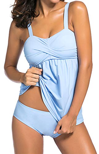 Ocean Plus Mujer Elegante Monocromo Color Sólido Tankini Traje de Baño Acolchada Dos Piezas Sin Aros Bañador con Tirantes Ajustables (L (EU 38-40), Azul Claro)