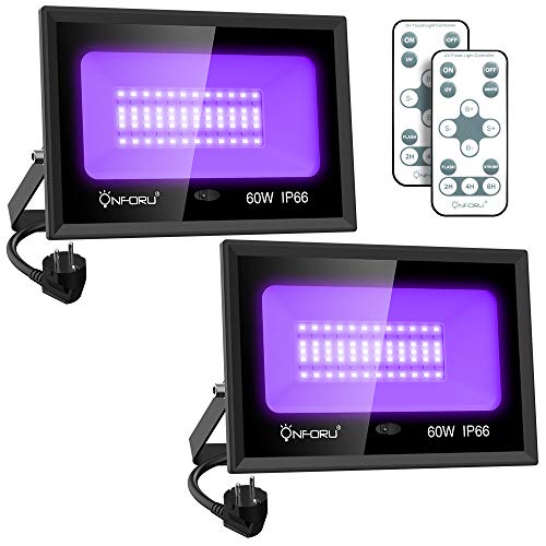 Onforu Foco UV LED 60W con luz UV negra con mando a distancia, luz diurna blanca, temporización, IP66 impermeable al aire libre, luz negra ultravioleta para resplandor en la oscuridad, escenario