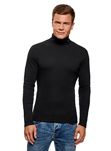 oodji Ultra Hombre Suéter de Cuello Alto Básico de Algodón, Negro, ES 44 / XS