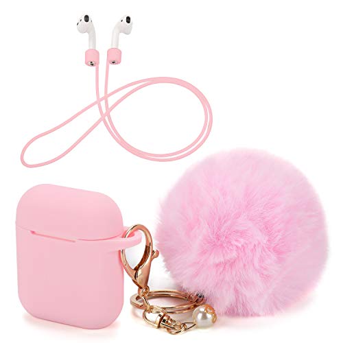 OOTSR Funda Protectora con Lindo Llavero Pompom Ball, Compatible con Apple AirPods Estuche de Carga, Cubierta Protectora de Silicona y Correa Anti-perdida para Apple AirPods como Regalos (Rosa)