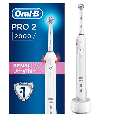 Oral-B PRO 2 2000 Sensi Ultrathin Cepillo de dientes eléctrico recargable con tecnología de braun, 1 mango blanco, 1 cabezal de recambio
