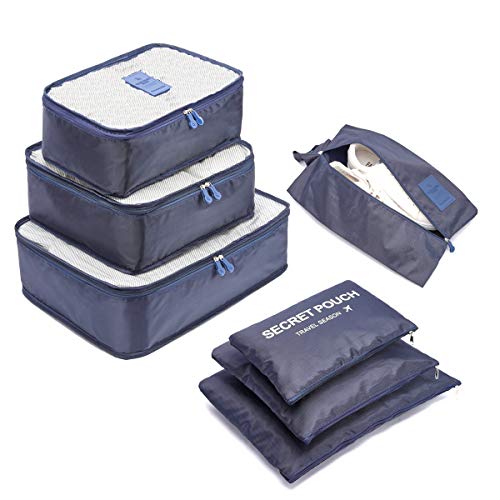 Organizador de Equipaje，LOSMILE 7 en 1 Set Impermeable Organizadores de Viaje para Maletas，3 Cubos de Embalaje +3 Bolsas de Almacenamiento+1 Saco de Zapatos.（Azul Oscuro）