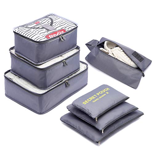 Organizador de Equipaje，LOSMILE 7 en 1 Set Impermeable Organizadores de Viaje para Maletas，3 Cubos de Embalaje +3 Bolsas de Almacenamiento+1 Saco de Zapatos.(Gris)