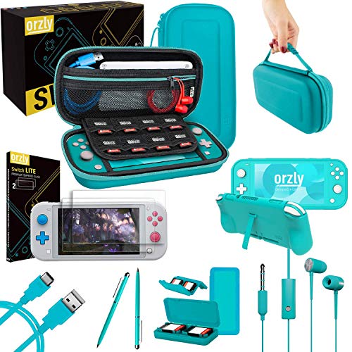 Orzly Paquete de Accesorios para Nintendo Switch Lite – Incluye: Protectores de Pantalla & Funda para Switch Lite Consola, Funda Comfort Grip, Cable USB, Auriculares y más. (Turquesa)