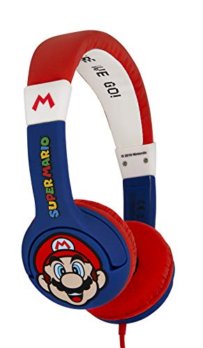 OTL Technologies Junior - Auriculares Infantiles Super Mario Nintendo (Estribo Acolchado, Volumen Limitado a 85 dB, diseño Colorido de cómic, para niños y niñas), Color Azul y Rojo