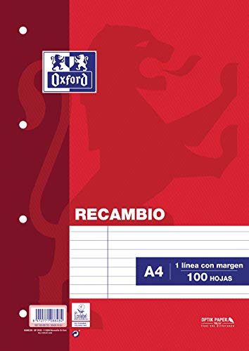 Oxford 100430210 - Recambio de rayas para carpeta A4, 100 hojas, 90 g, con margen Oxford 100430210 - Recambio de rayas para carpeta A4, 100 hojas, 90 g, con margen