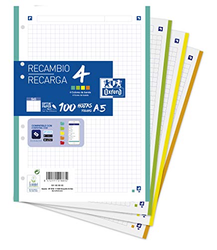 Oxford - Hojas cuadriculadas A5, Recambio Oxford, Banda 4 colores, Cuadrícula 5x5, 100 Hojas