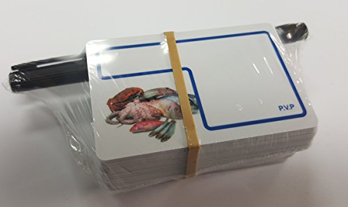 Pack 48 Tarjetas PVC Porta Precios para PESCADERIA + Rotulador Negro de Regalo - Reutilizables y Higienicas - cumplen con la normativa de compatibilidad alimentaria TÜV(86x54mm)