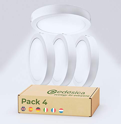 PACK X4, Lamparas de techo, Plafon Led techo, 20W 2000LM diámetro 205 redondo, downlight led techo, Dormitorio, Salon, Pasillos, Baños, Clase eficiencia energetica A++ (6000K-luz blanca fria, Pack x4)