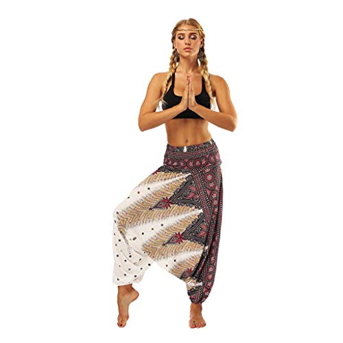 Pantalones Hippies Mujer, Tailandeses Estampado Verano Cintura Alta Elastica para Yoga Casual Hippie Bohemia Gitana EláStica Pantalones Dragon868 Verano 2020