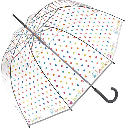 Paraguas de Mujer Largo Manual de Forma Acampanada United Colors of Benetton, Ocho Varillas, Transparente con Estampado de Topos Multicolores
