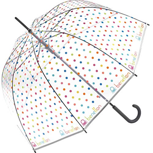 Paraguas de Mujer Largo Manual de Forma Acampanada United Colors of Benetton, Ocho Varillas, Transparente con Estampado de Topos Multicolores Paraguas de Mujer Largo Manual de Forma Acampanada United Colors of Benetton, Ocho Varillas, Transparente con Estampado de Topos Multicolores