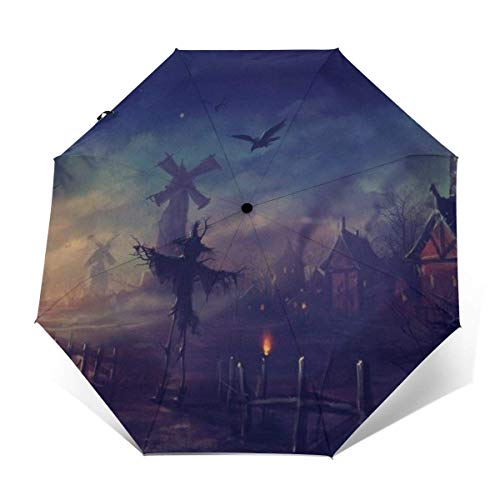 Paraguas de viaje ligero portátil reforzado con toldo de 8 varillas – Horrible noche oscura Halloween calabaza, castillo de golf, paraguas resistente al viento a prueba de lluvia