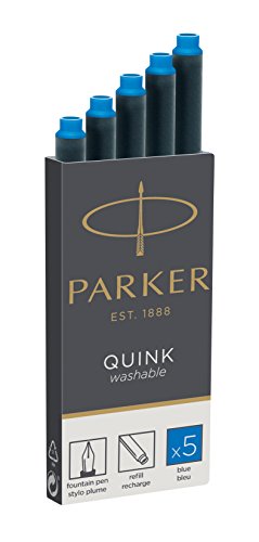 Parker Quink recambios para plumas estilográficas, cartuchos largos, tinta azul lavable, caja de 5 Parker Quink recambios para plumas estilográficas, cartuchos largos, tinta azul lavable, caja de 5