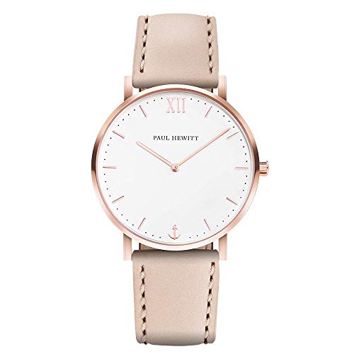 PAUL HEWITT Reloj de Mujer Sailor White Sand - Reloj de Mujer de Acero Inoxidable (Oro Rosa), Reloj de Pulsera para Mujer con Esfera Blanca y Correa de Cuero en Color Avellana