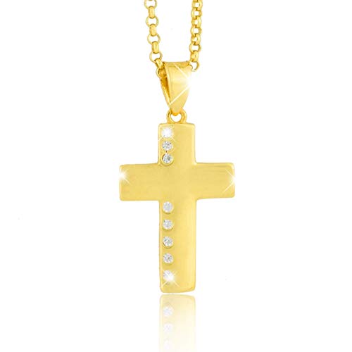 PAVEL´S Collar de cruz chapado en oro de 18 quilates con auténticas circonitas para bautizo, confirmación, cumpleaños, incluye caja de regalo y certificado